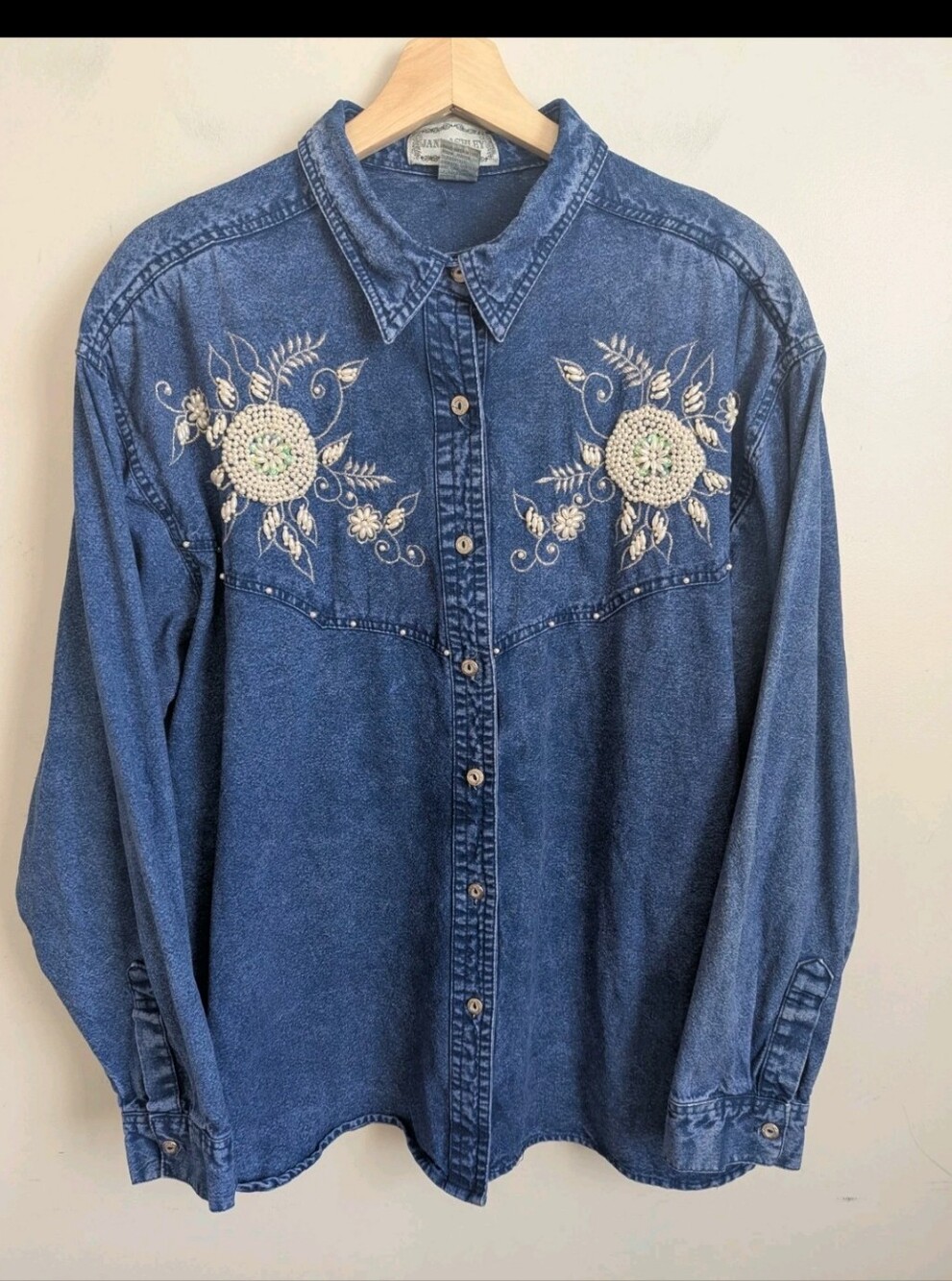 Vintage 80s Stonewashed Blue Denim Western Shirt Pearl Embellished Plus Size 2X